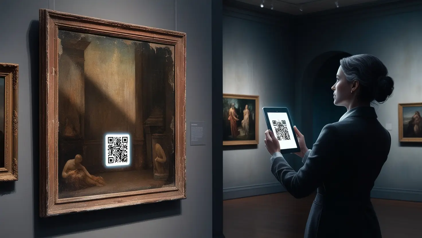art museum, mysterious QR code, interactive art, digital technology, forgotten masterpieces, gallery of forgotten souls, eerie paintings, curator adventure, blending physical and digital art, cryptic message, haunting art gallery, interactive mystery, digital era art, traditional vs digital art, virtual art experiences, art history mystery, augmented reality art, timeless masterpieces, technological intrigue, art-themed adventure